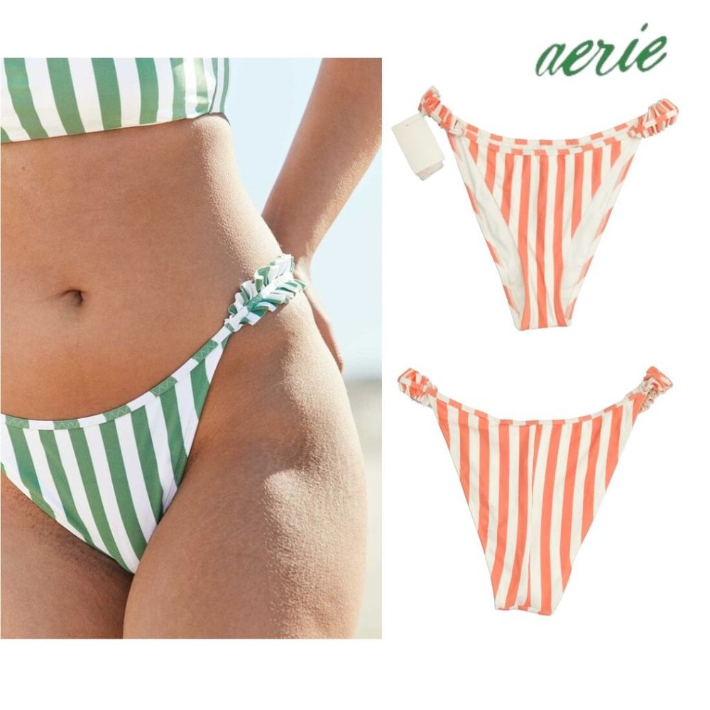 NWT Aerie Printed Ruffle Super High Cut Cheekiest Bikini Bottom Size L